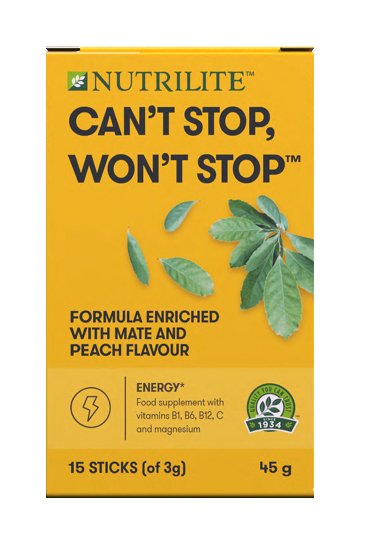 Botella de suplemento Nutrilite en un entorno minimalista